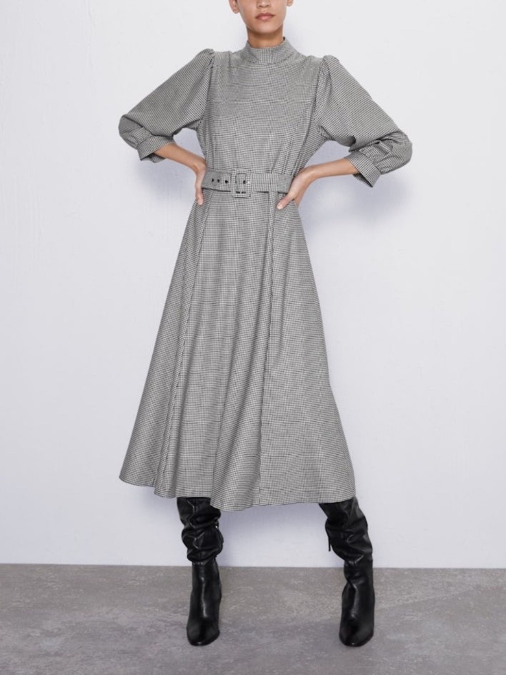Zara Houndstooth Belted Midi Dress Puff Sleeve Size S